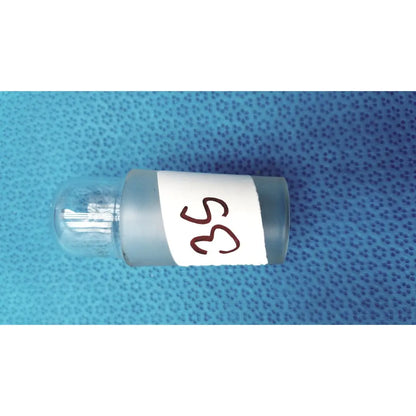 Clear glass vial with frosted body and labeled white sticker featuring handwritten number 35 standard taper ground glass hollow stopper