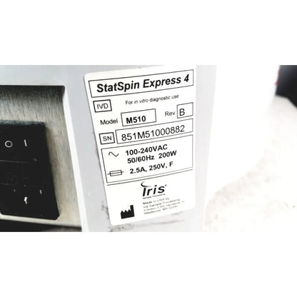 White label on the back of a statspin express 4 m510 high-speed horizontal centriifuge for in vitro diagnostic use