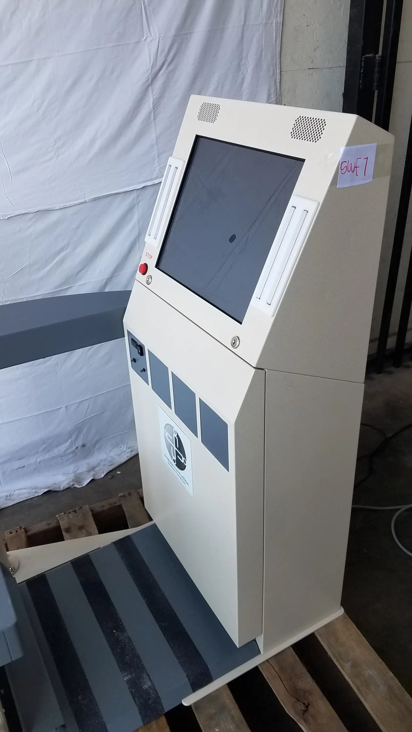 Beige stayhealthy sh650 self-service health screening kiosk with touchscreen display and speaker grilles for screening