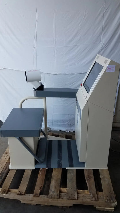 Beige and gray industrial weight scale with digital display on wooden pallet for stayhealthy sh650 health screening kiosk