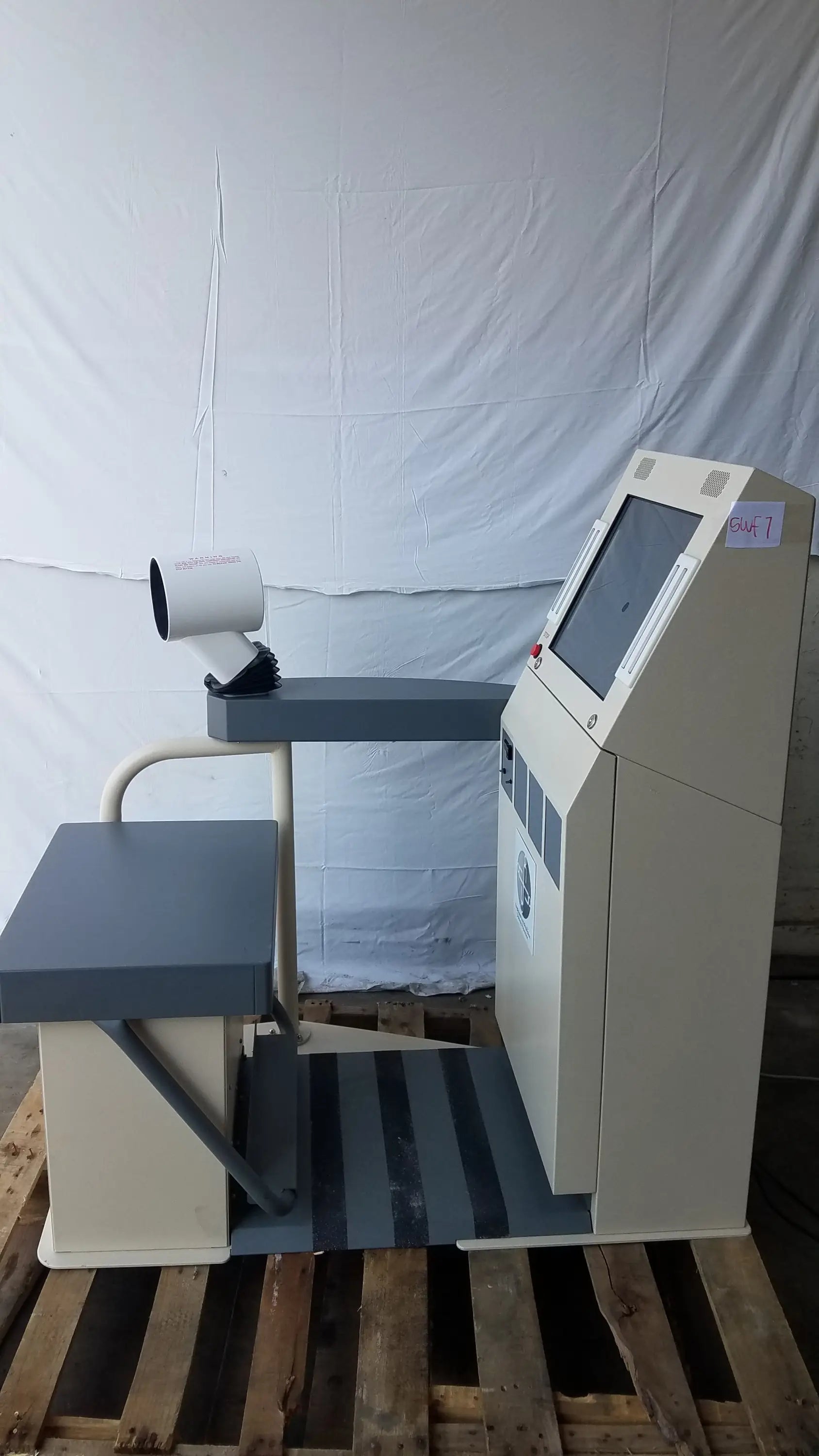 Beige and gray industrial stayhealthy sh650 self-service health screening kiosk with touchscreen and adjustable camera arm