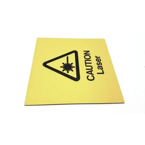 Yellow square fun wall sign with black caution laser symbol warning of laser zone wall sign ahead
