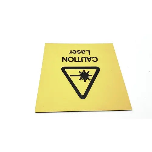 Yellow square fun wall sign with black caution laser text and laser zone hazard symbol indicating wall sign ahead