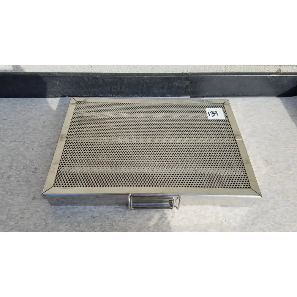 Rectangular stainless steel sterilization case tray with handle and 13 inch white price tag for surgical instruments