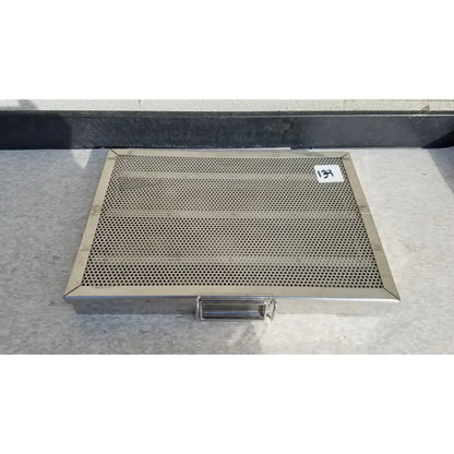 Rectangular stainless steel sterilization case tray with handle and 13 inch white price tag for surgical instruments
