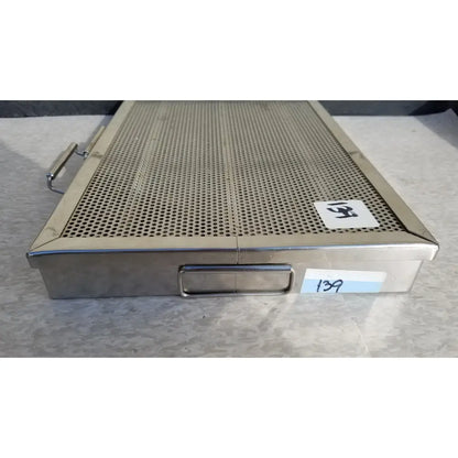 Stainless steel perforated sterilization case tray with handle and latch closure for surgical instruments