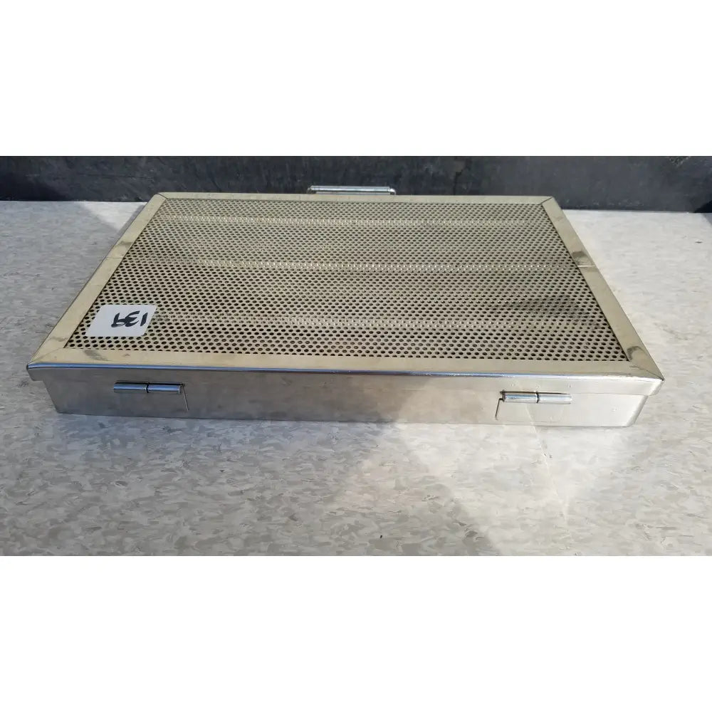 Rectangular stainless steel mesh sterilization case tray with hinged lid and side latches for surgical instruments