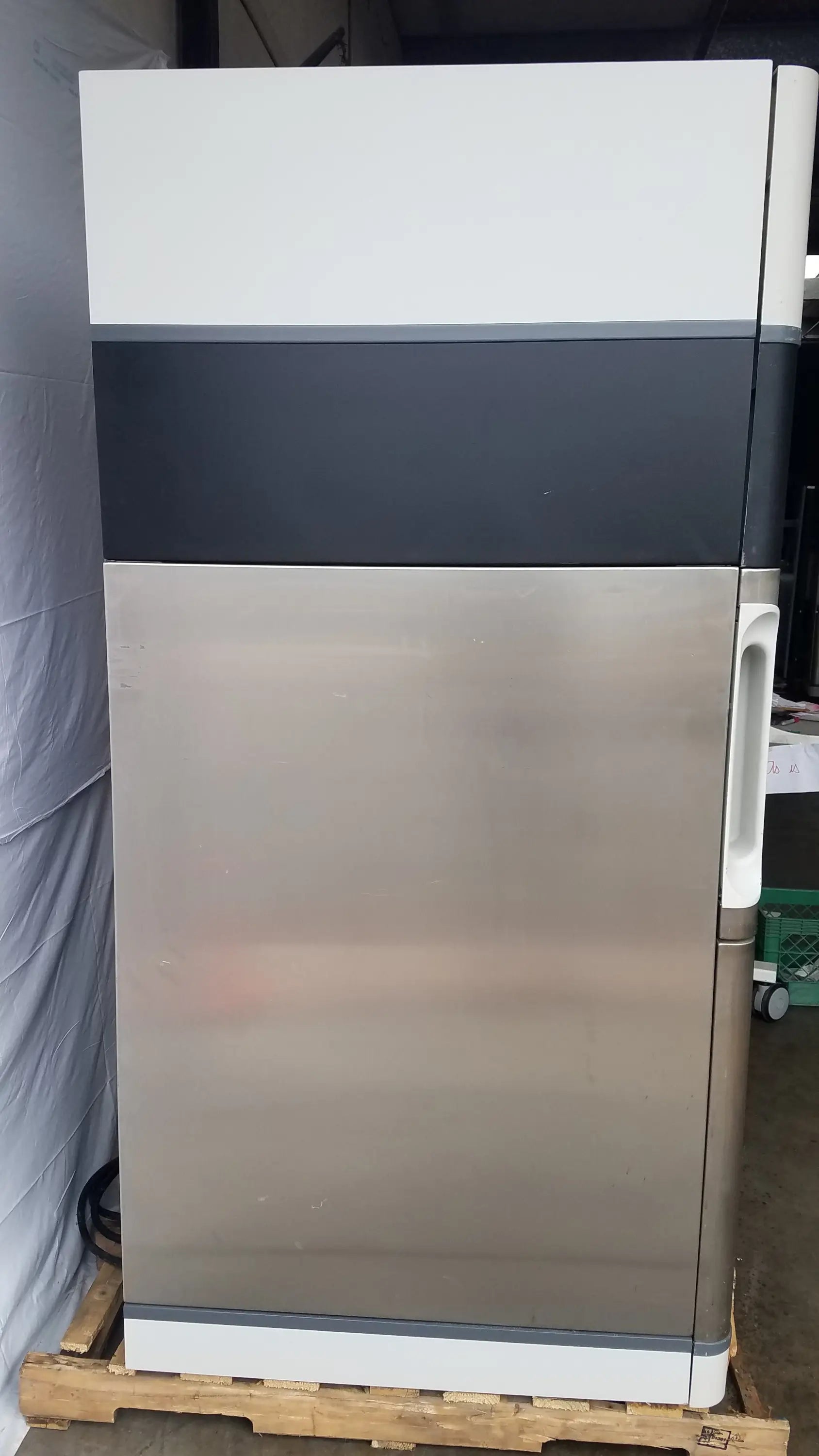 Stainless steel steris v-pro max refrigerator with white and black stripe design for low temperature sterilization