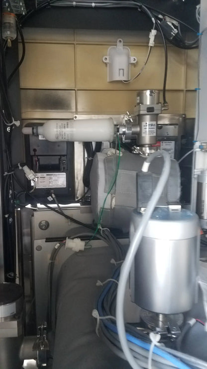 Silver cylindrical pressure vessel with metallic fittings and tubing for steris v-pro max low temperature sterilization system