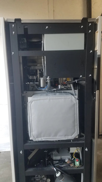 Black metal server rack with internal components and gray padded compartment for steris v-pro max low temperature sterilization system
