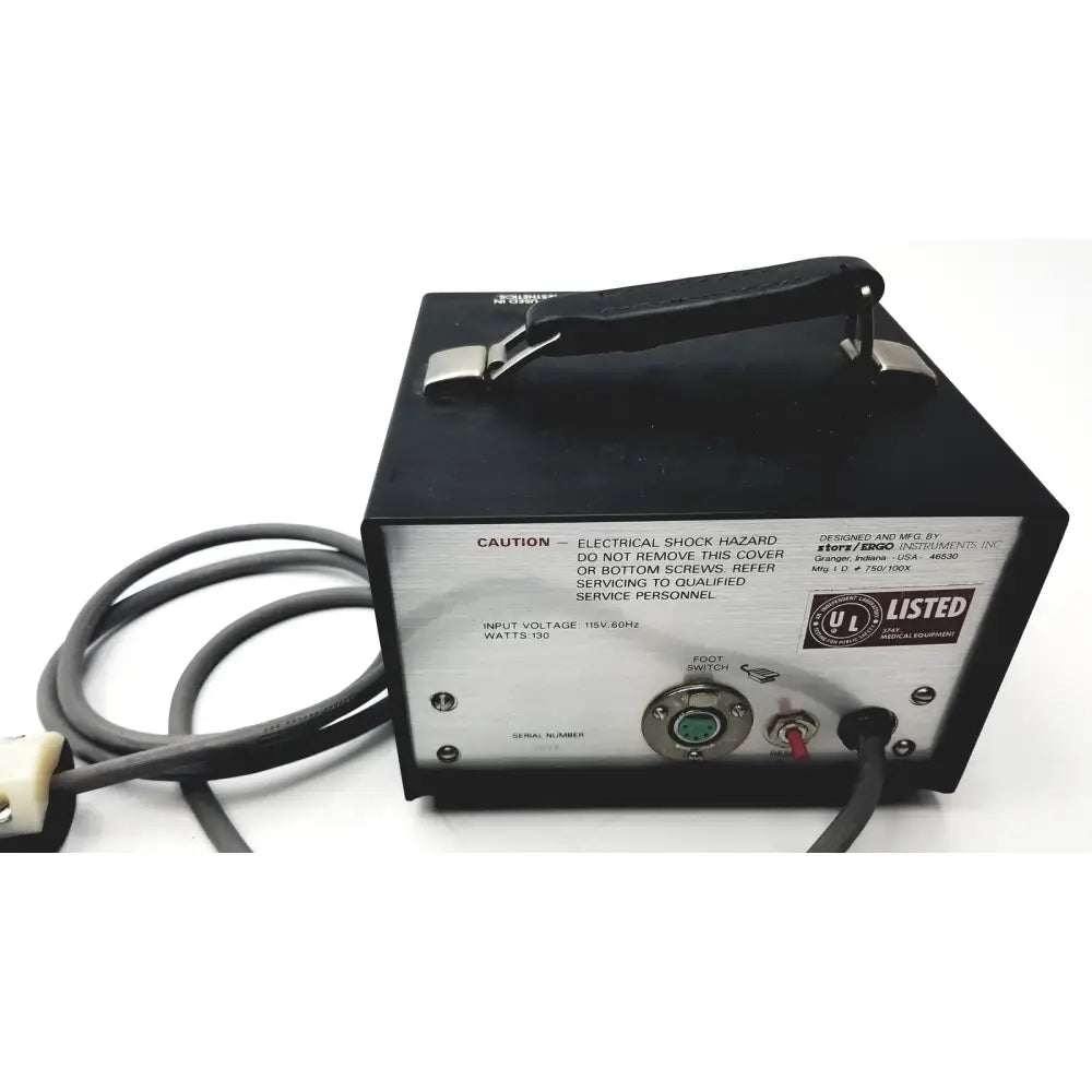 Black rectangular storz ergo surgical power supply unit with silver label, handle, and coiled cable for ergo surgical power use