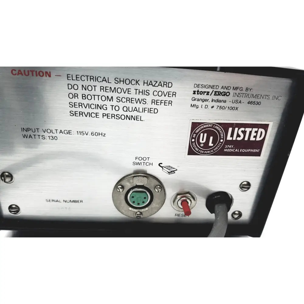 Silver metallic storz ergo surgical power system control panel with green foot switch red reset button and black cable connector