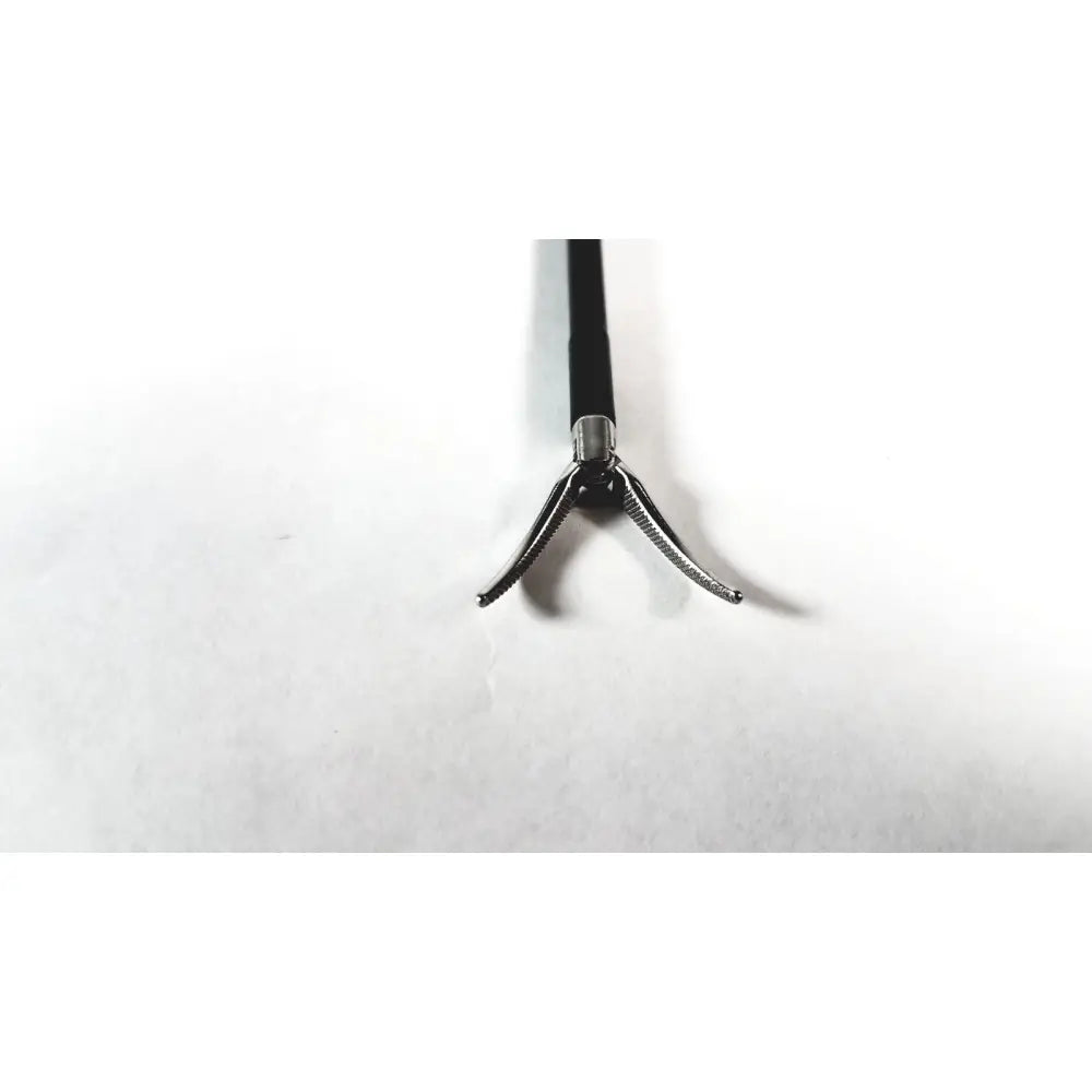 Storz laparoscopy forceps with black handle and three serrated stainless steel surgical prongs for precise retrieval