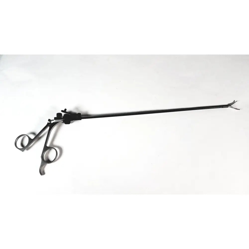 Black storz laparoscopy forceps with articulated handles and fine-tipped jaws made of stainless steel surgical instrument