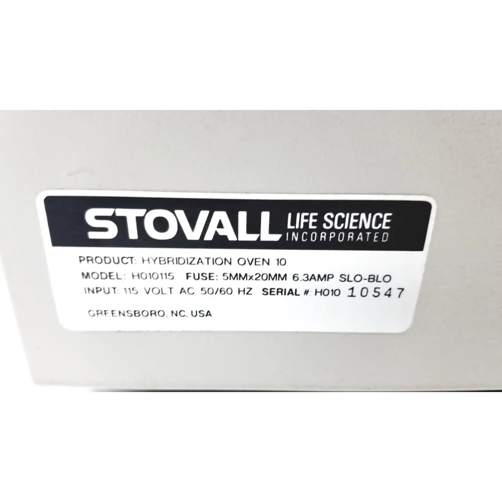 White rectangular label with black text on stovall affymetrix gene chip 320 hybridization oven model h010115 product information