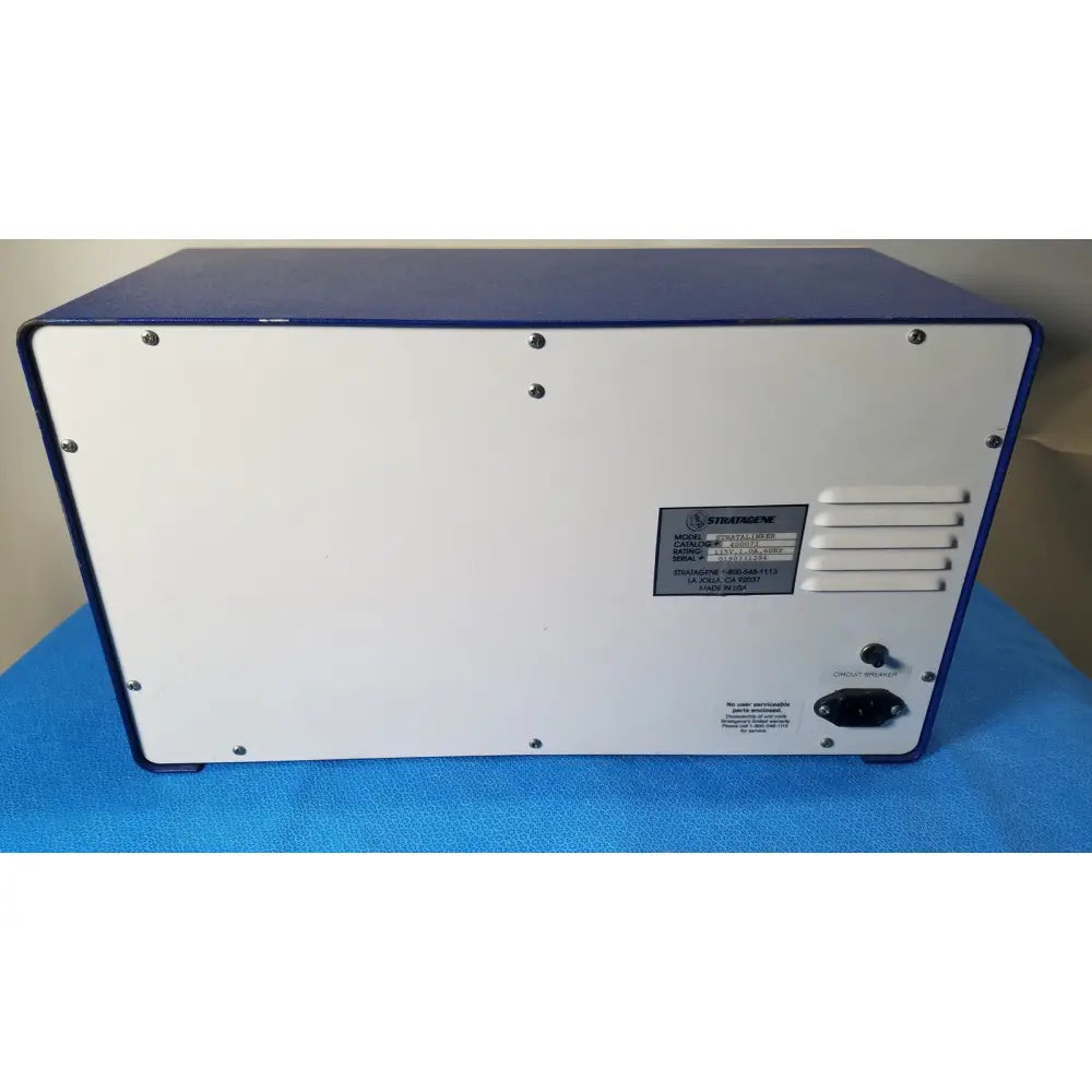 Blue and white rectangular Stratagene Stratalinker UV 1800 crosslinker with model number s10258-936b-hd for reuse medical applications