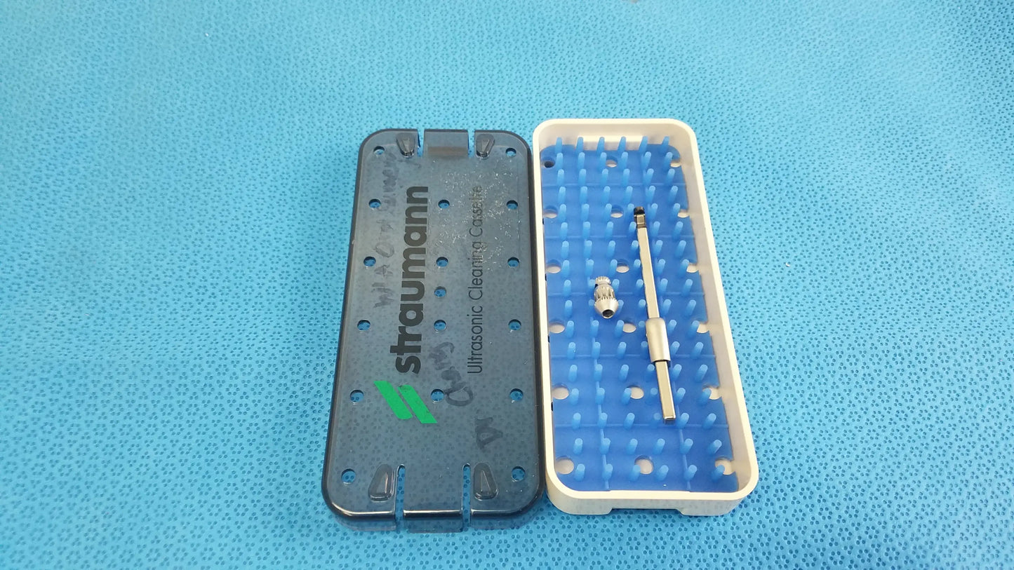Gray and blue plastic ultrasonic cleaning cassette with metallic probe for medical equipment reuse and ultrasonic cleaning
