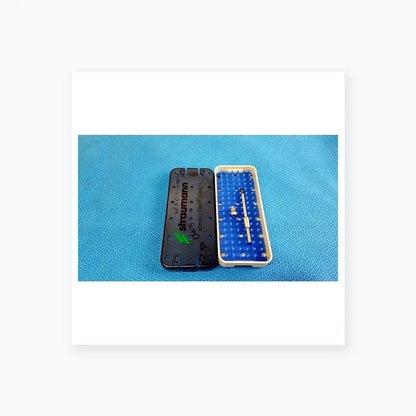 Gray and blue plastic ultrasonic cleaning cassette with metallic probe for medical equipment reuse and ultrasonic cleaning