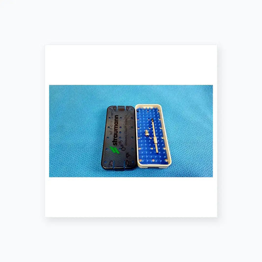 Gray and blue plastic ultrasonic cleaning cassette with metallic probe for medical equipment reuse and ultrasonic cleaning