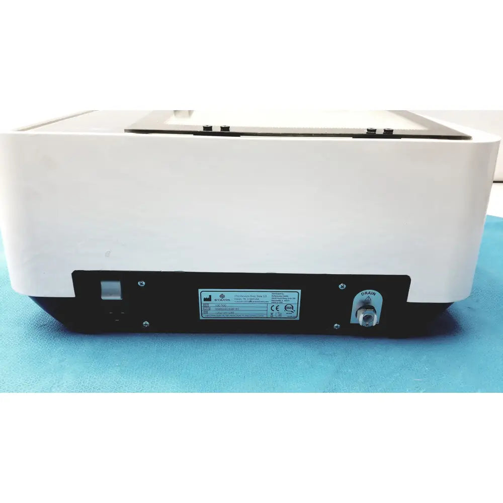 Back view of white and black straya ref 100.500 strava splint bath with label plate and drain valve laboratory instrument