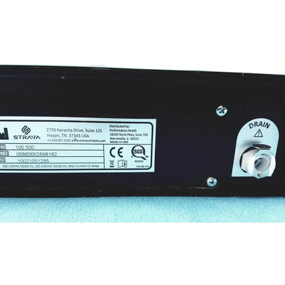 Black straya ref 100.500 strava splint bath device showing side panel with white drain port and certification labels