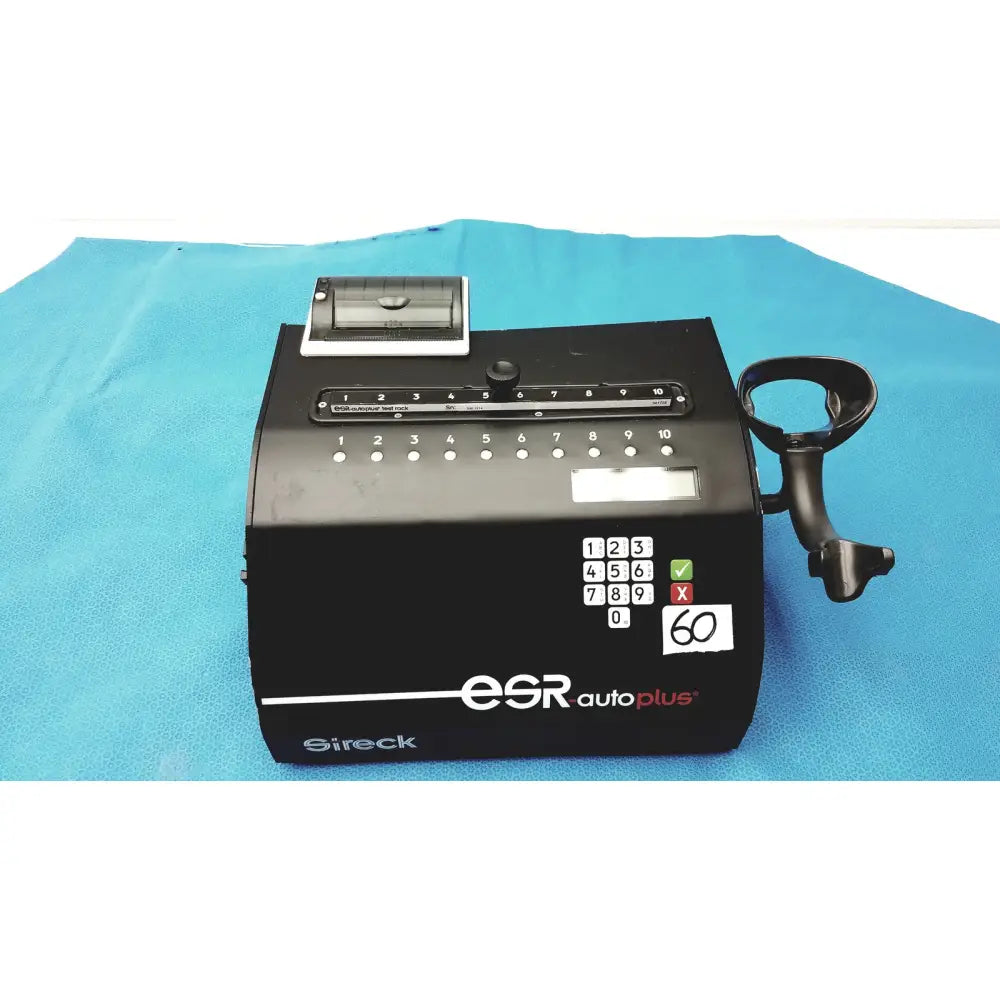Black Streck ESR-Auto Plus 506 sedimentation rate analyzer with numeric keypad receipt printer slot and handle