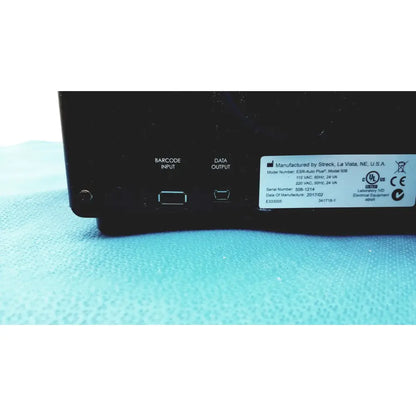 Black plastic streck esr-auto plus 506 sedimentation rate analyzer with barcode input and data output ports labeled model 508