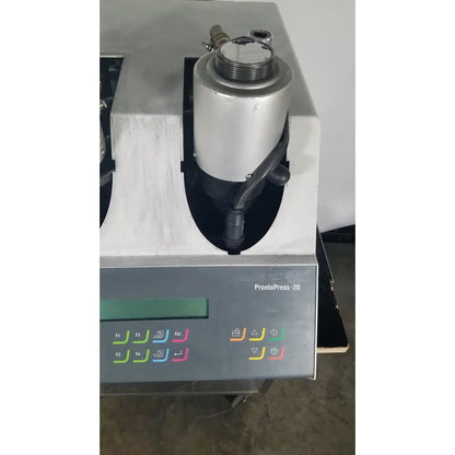 Silver struers prontopress-20 dual-cylinder metallographic specimen hot mounting machine with metallic cylinder and colorful buttons