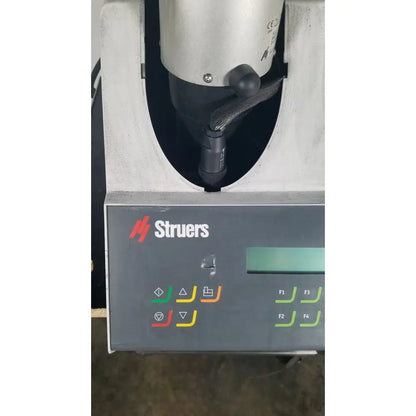 Struers prontopress-20 dual-cylinder metallographic specimen hot mounting machine with silver metallic housing and black control panel
