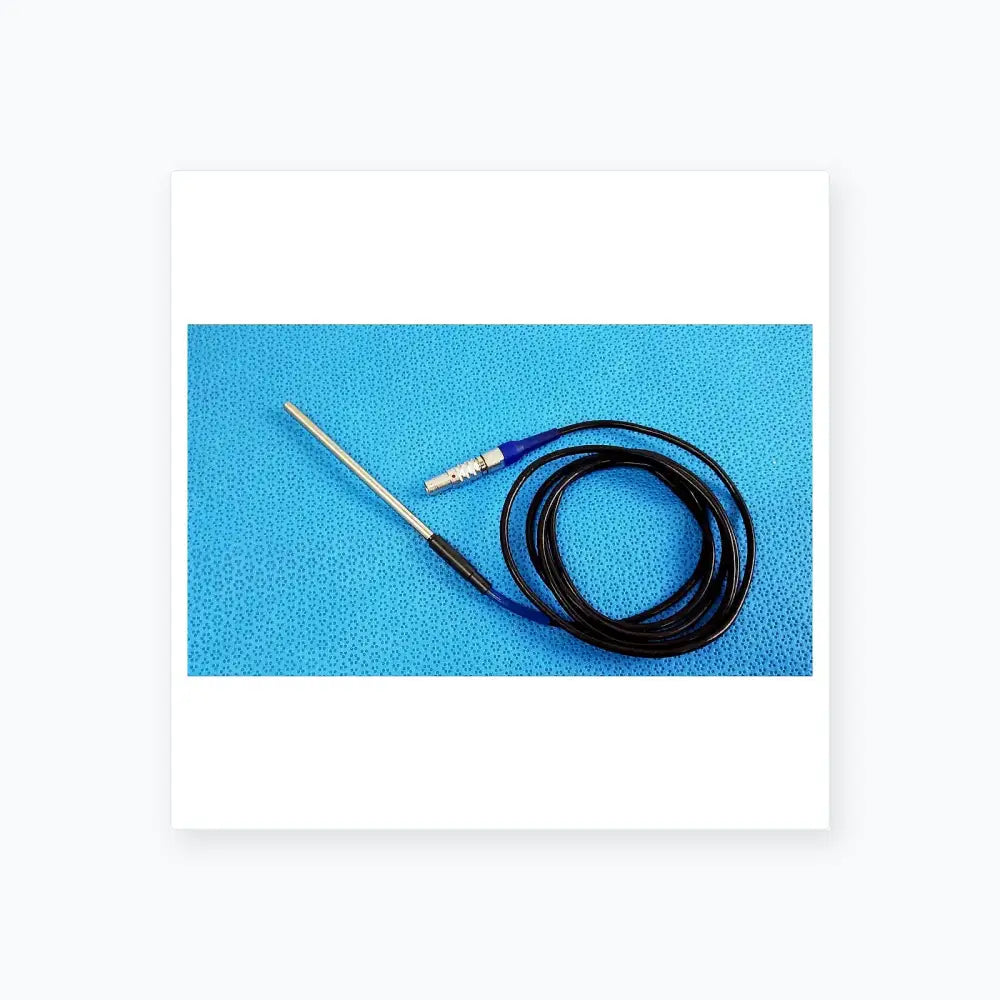 Black coiled cable with blue connector and metallic electrode probe for stryker lightweight sterilization box medical equipment