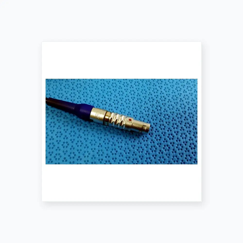 Silver metallic connector with blue insulated cable and textured grip on stryker multigen 2 lightweight sterilization box for reuse medical equipment