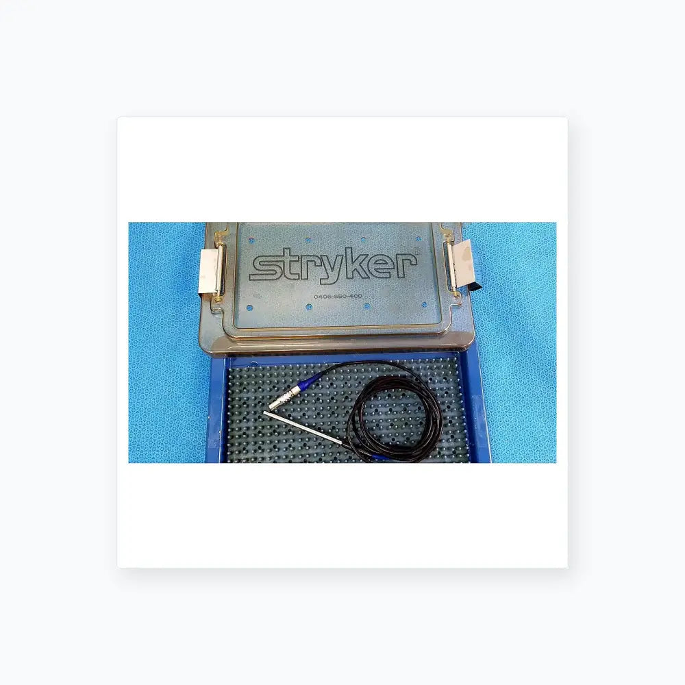 Stryker 0406-650-400 lightweight sterilization box with metallic electrode probe and black coiled cable for reuse medical equipment