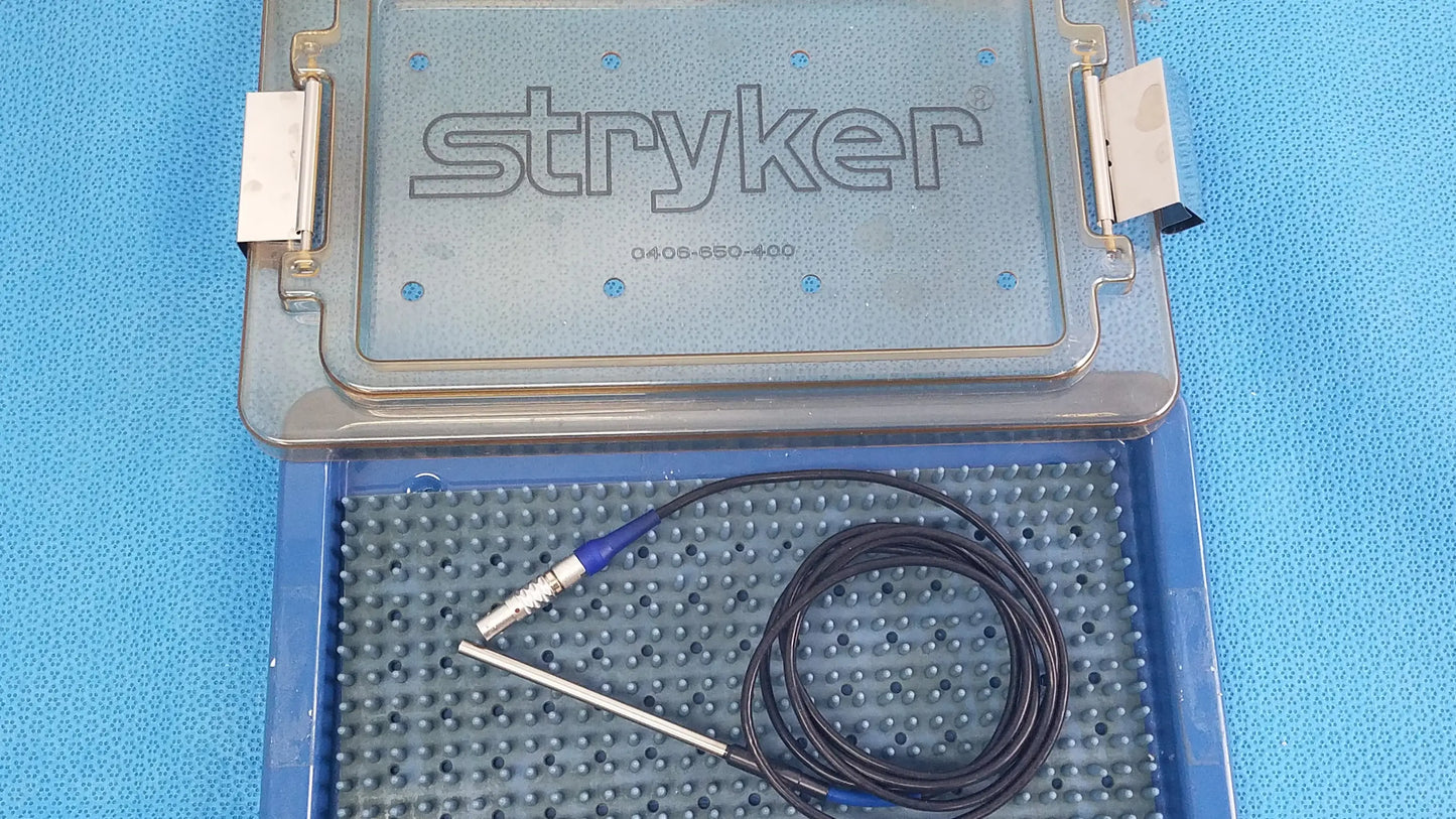 Stryker 0406-650-400 lightweight sterilization box with metallic electrode probe and black coiled cable for reuse medical equipment
