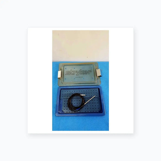 Blue stryker 0406-650-400 sterilization box with black coiled cable and metallic electrode probe for reuse medical equipment