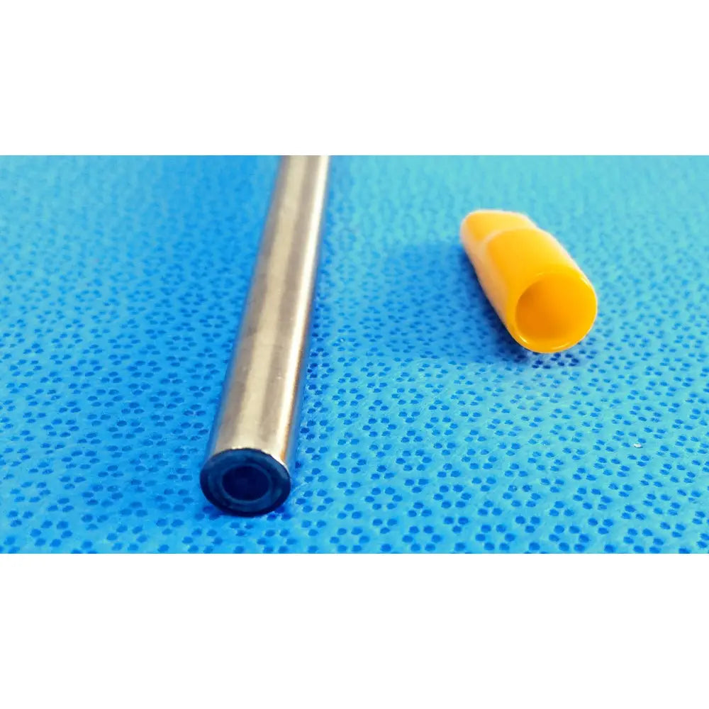 A metallic cylindrical precision 10mm 0° autoclavable endoscope tube with black rubber seal and yellow plastic cap