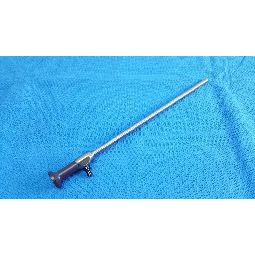 Silver surgical endoscope with purple handle and metallic joints featuring precision 10mm 0° autoclavable design