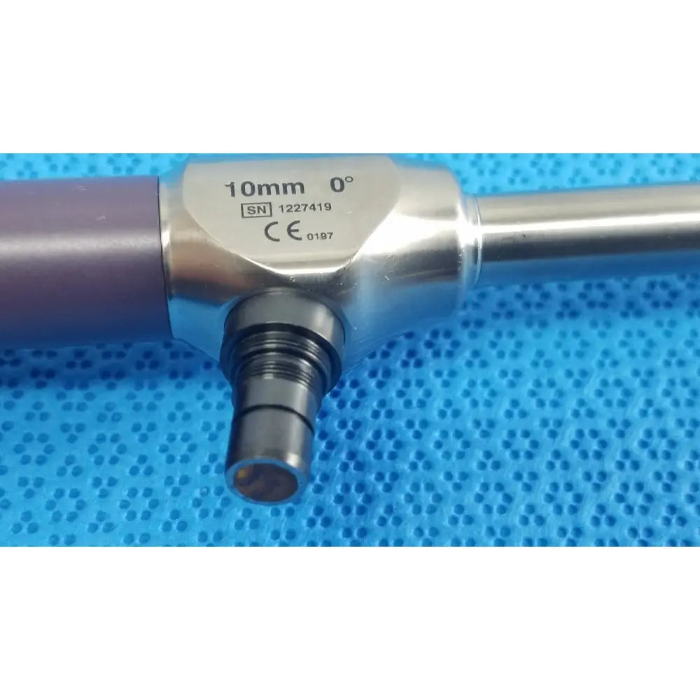Stryker precision 10mm 0° autoclavable stainless steel endoscope with purple handle and engraved serial number for reuse medical use