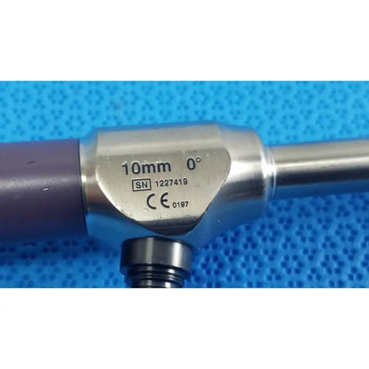 Silver precision 10mm surgical instrument with purple grip and engraved specifications for stryker autoclavable endoscope