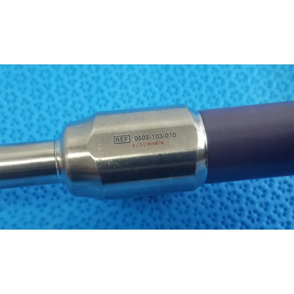 Silver metallic stryker precision 10mm 0° autoclavable endoscope with dark purple handle and engraved reference number