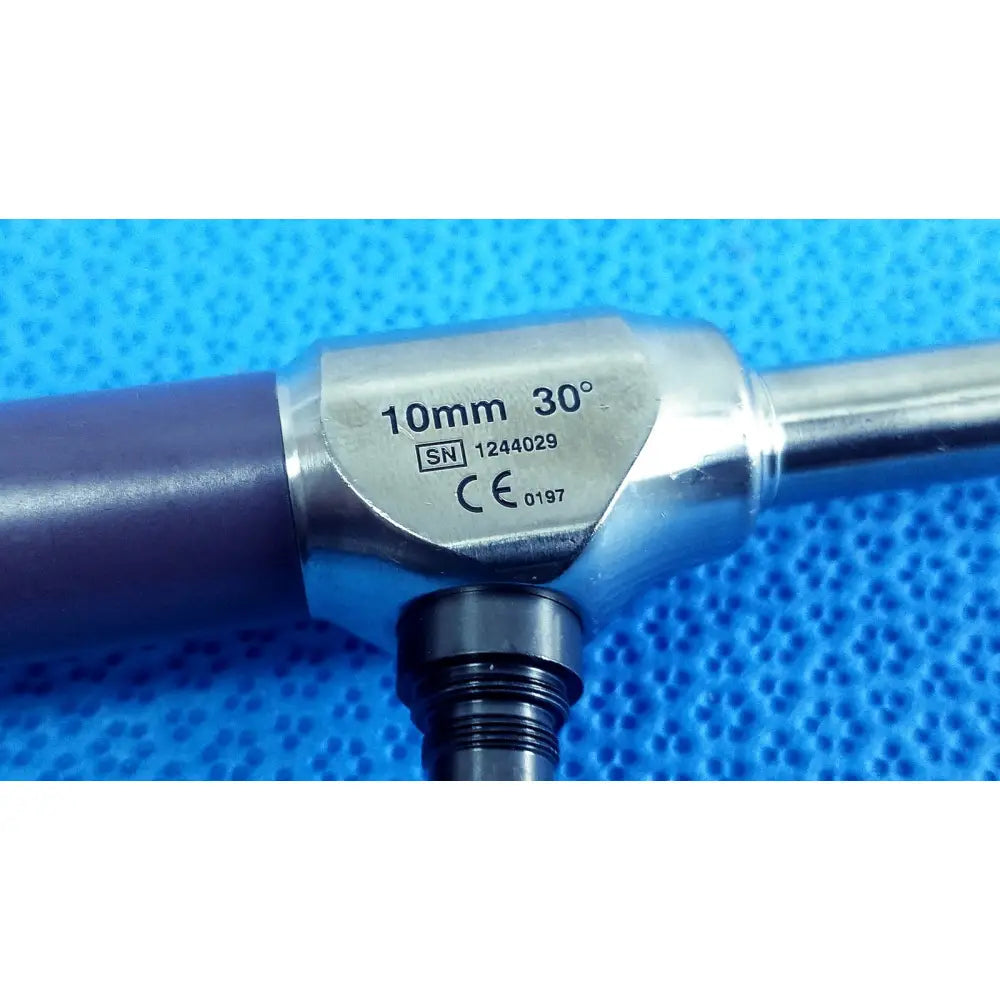 Silver precision 10mm 30° autoclavable endoscope with engraved serial number markings by stryker