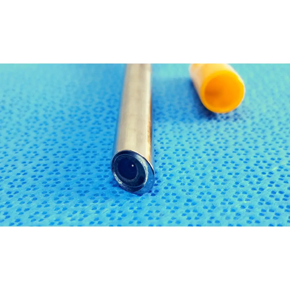 A metallic cylindrical stryker precision 10mm 30° autoclavable endoscope with black end cap on blue textured surface