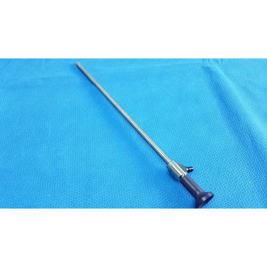 Silver surgical precision 10mm 30° autoclavable endoscope with dark purple handle and metallic joints by stryker