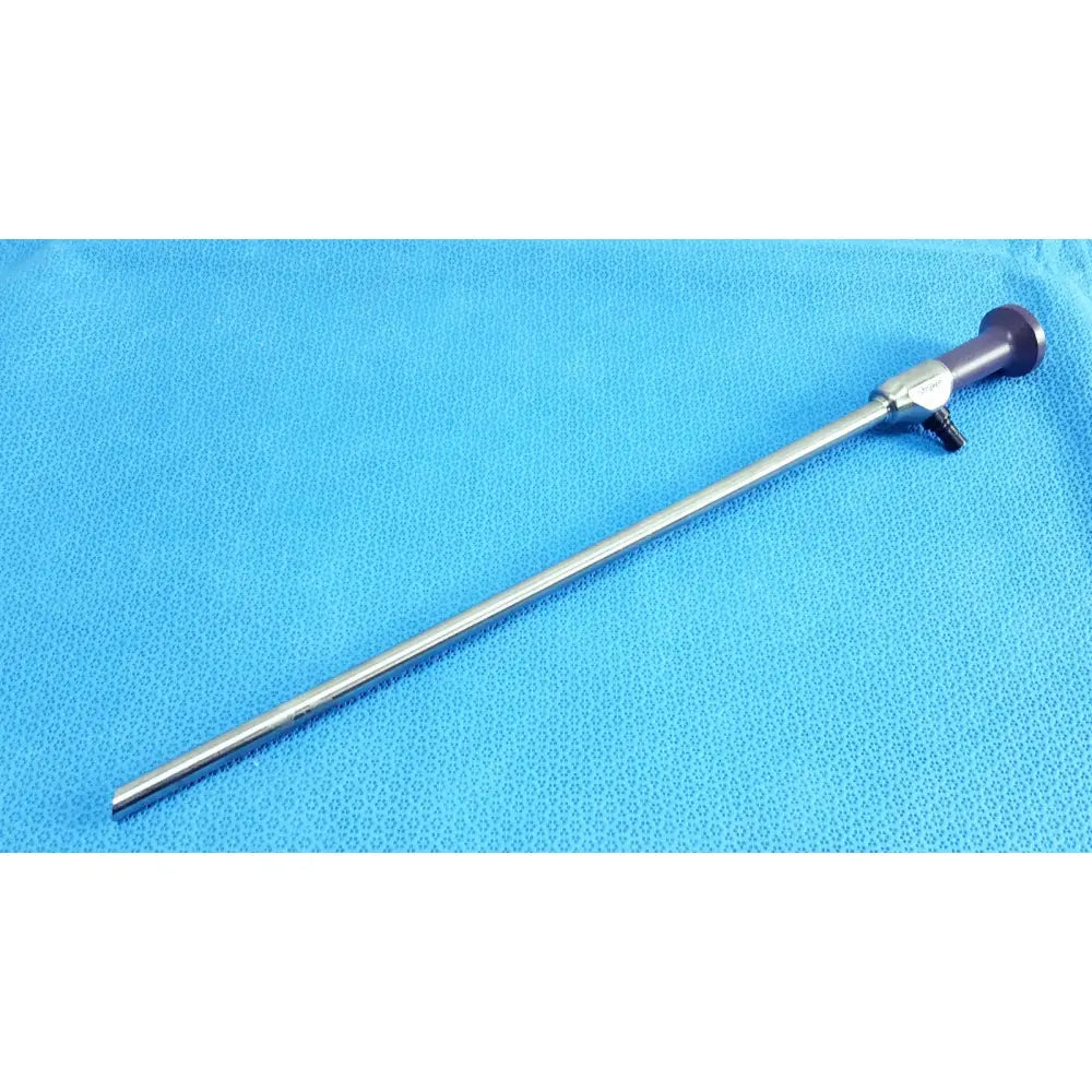Silver precision 10mm 30° autoclavable surgical endoscope with purple handle and black control knobs by stryker