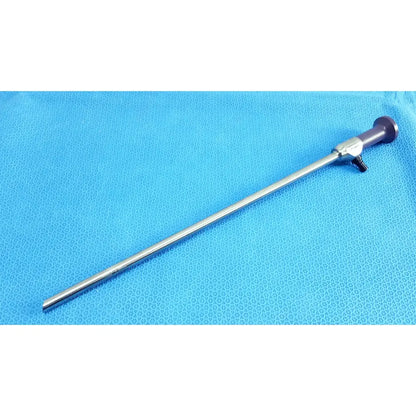 Silver precision 10mm 30° autoclavable surgical endoscope with purple handle and black control knobs by stryker