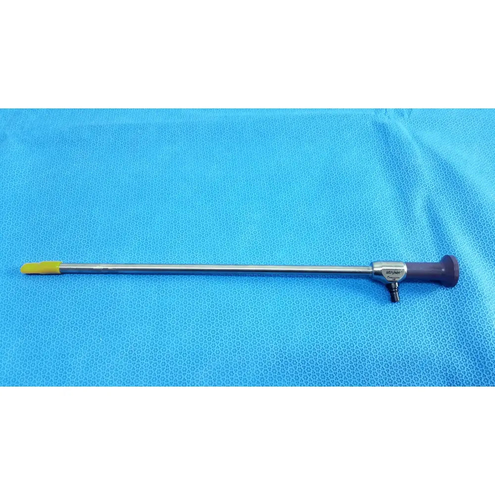 Silver stryker precision 10mm 30° autoclavable endoscope with yellow tip and purple handle metallic body engraving