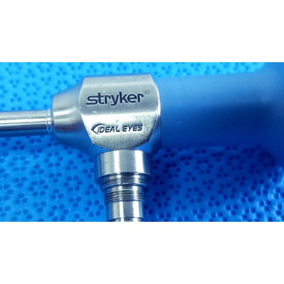 Stryker ideal eyes 5mm autoclavable endoscope with metallic silver head and blue ergonomic handle for precision surgery