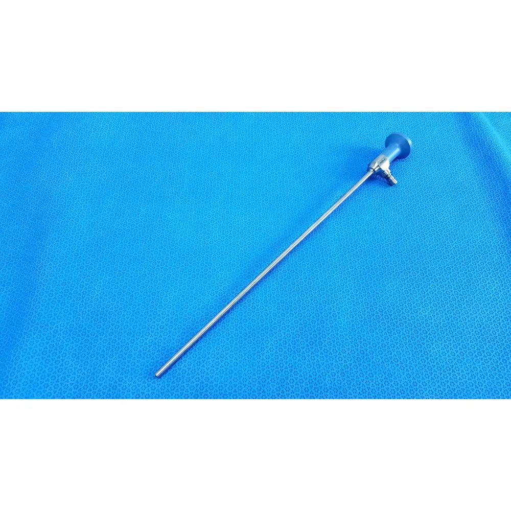 Silver surgical endoscope with blue-tipped handle and metallic shaft stryker ideal eyes 5mm autoclavable endoscope