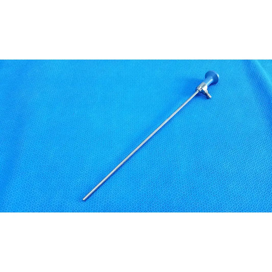 Silver surgical endoscope with blue-tipped handle and metallic shaft stryker ideal eyes 5mm autoclavable endoscope