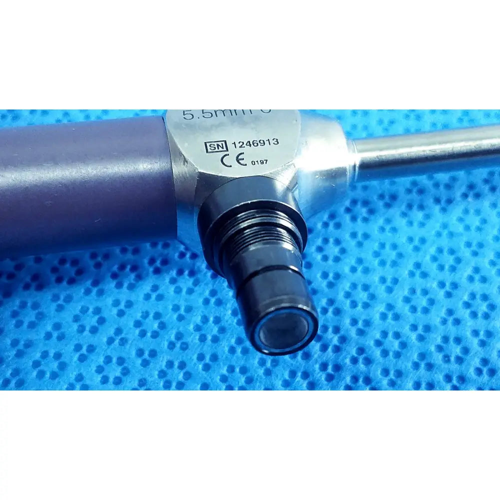 Silver Stryker 5.5mm 0° autoclavable endoscope with black threaded connector and metallic shaft for reuse medical use