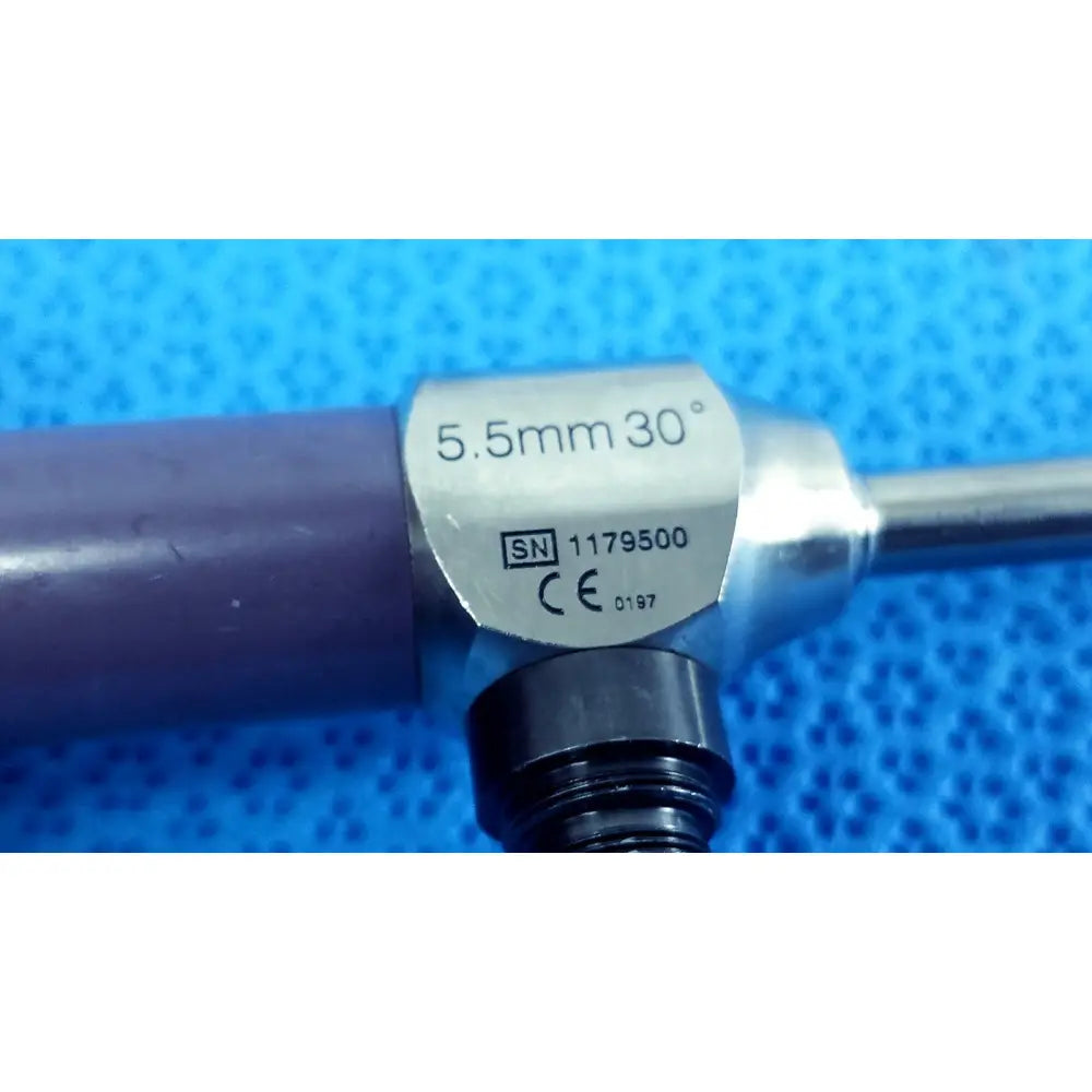 Silver surgical autoclavable endoscope with matte purple handle and engraved specifications 5mm 0° autoclavable reuse medical